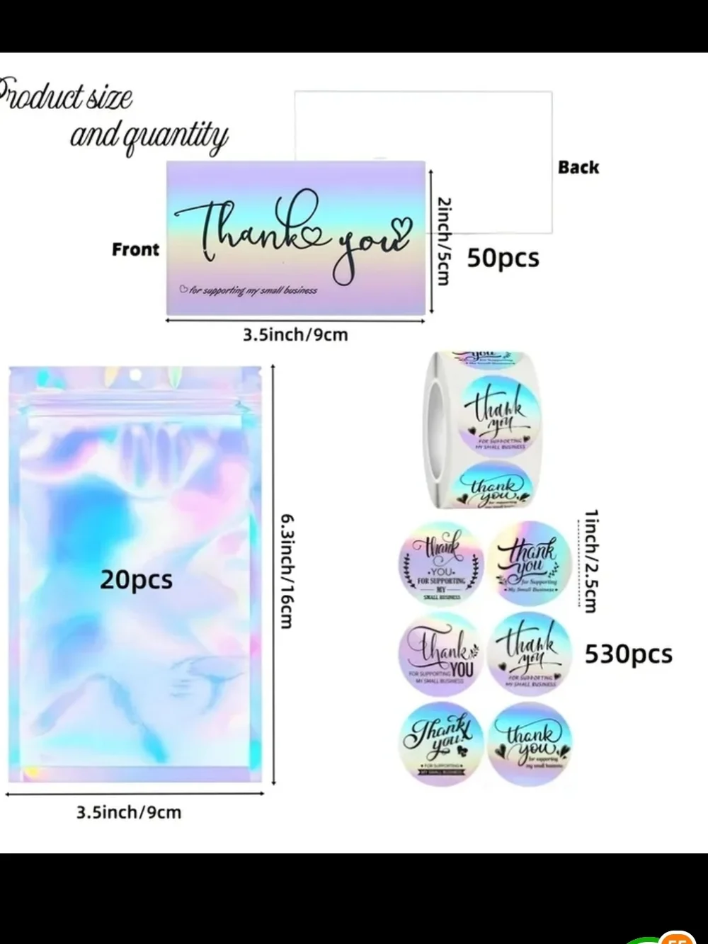 600 PCS Holographic Thank You Sticker/Cards & Pouch Bundle- New